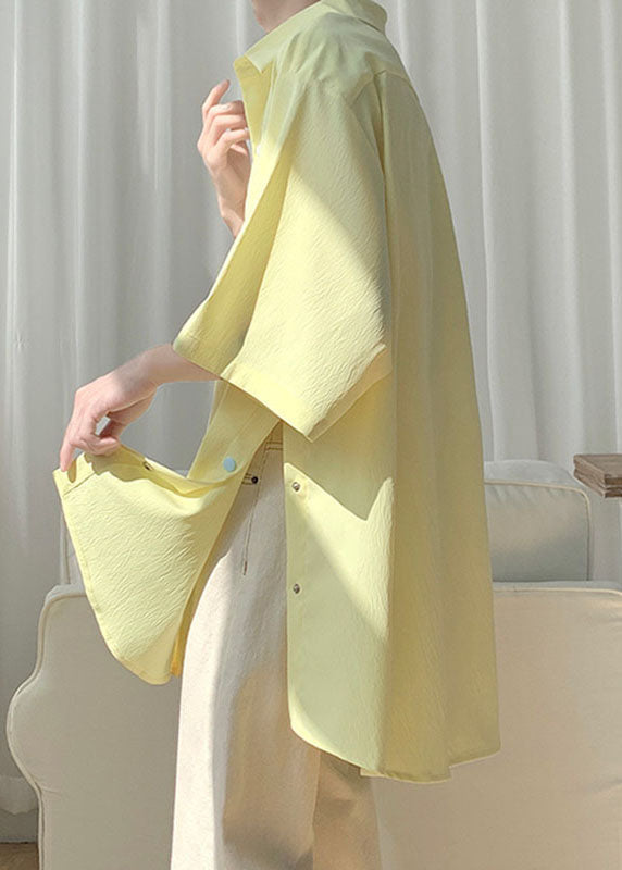 Man Yellow Side Open Button Chiffon Shirts Half Sleeve