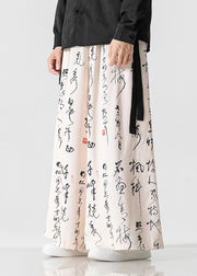 Men's Chinese Style Beige Ancient Text Printed Loose Wide Leg Pants