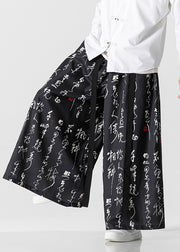 Men's Chinese Style Beige Ancient Text Printed Loose Wide Leg Pants