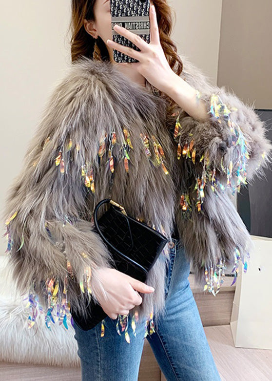 Mocha Color Faux Fur Collar Sequins Leather And Fur Coats Winter