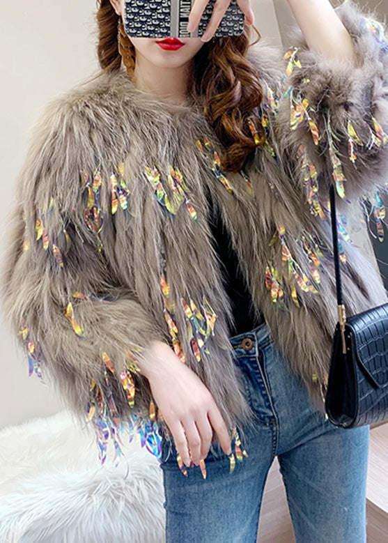 Mocha Color Faux Fur Collar Sequins Leather And Fur Coats Winter