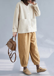 Modern Apricot O-Neck Thick Faux Fur Coat Outwear Winter