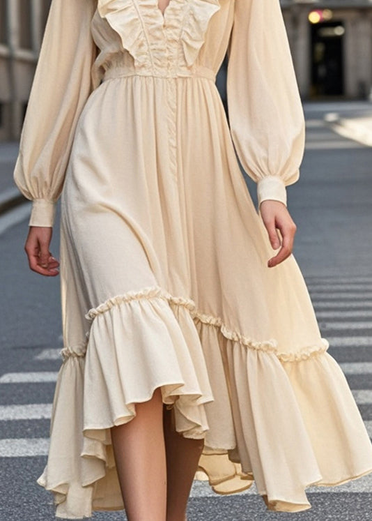 Modern Apricot Ruffles Silm Fit Cotton Long Dress Fall