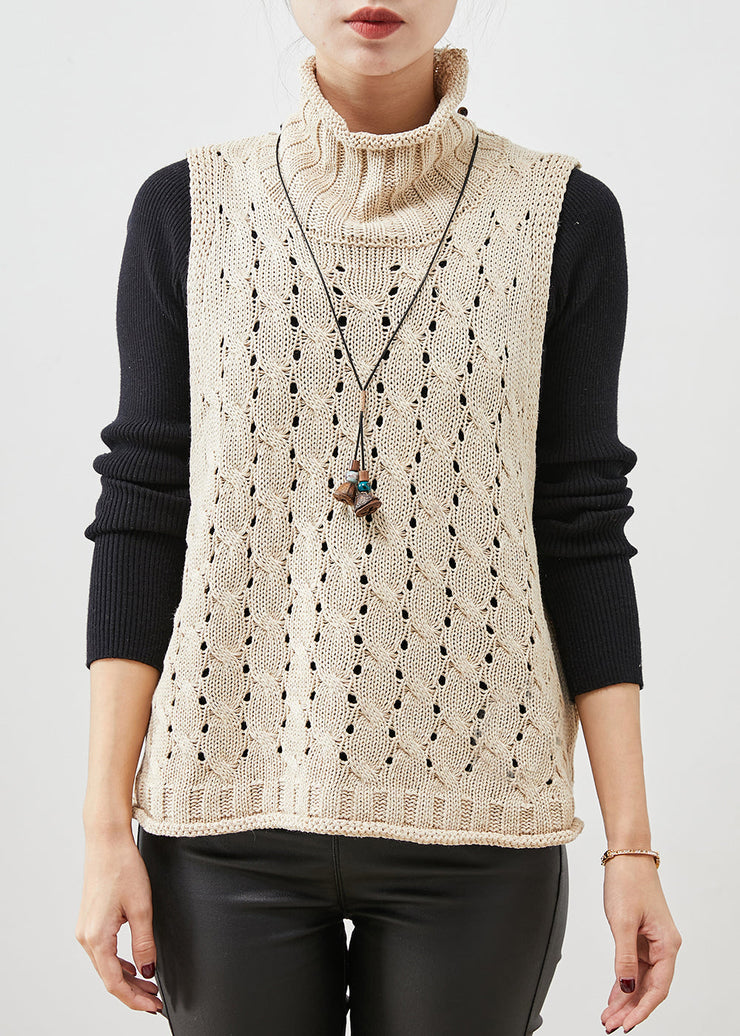 Modern Apricot Turtle Neck Hollow Out Knit Vests Spring