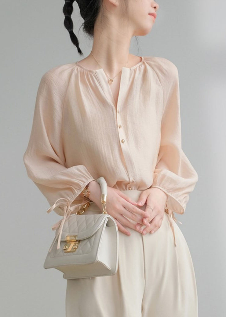 Modern Apricot V Neck Chiffon Top Long Sleeve