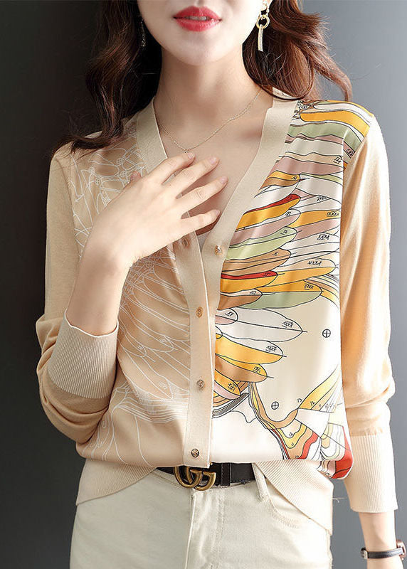 Modern Apricot V Neck Print Chiffon Knit Top Long Sleeve