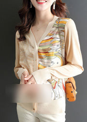 Modern Apricot V Neck Print Chiffon Knit Top Long Sleeve