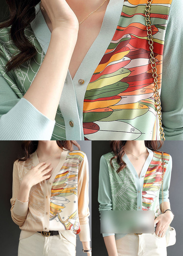 Modern Apricot V Neck Print Chiffon Knit Top Long Sleeve