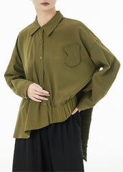 Modern Army Green Asymmetrical Design Cotton Blouses Spring