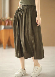 Modern Army Green Elastic Waist Wrinkled Pockets Cotton Skirt Summer