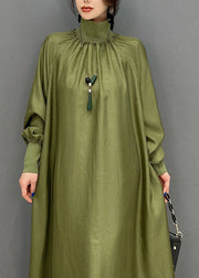 Modern Army Green High Neck Oversized Solid Color Silk Dress Fall