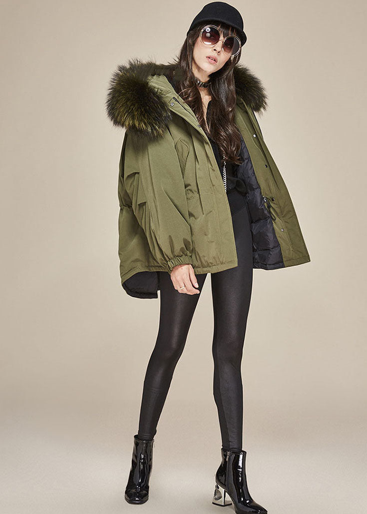 Modern Army Green Hooded Faux Fur Collar Duck Down Puffer Jacket Winter