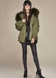 Modern Army Green Hooded Faux Fur Collar Duck Down Puffer Jacket Winter