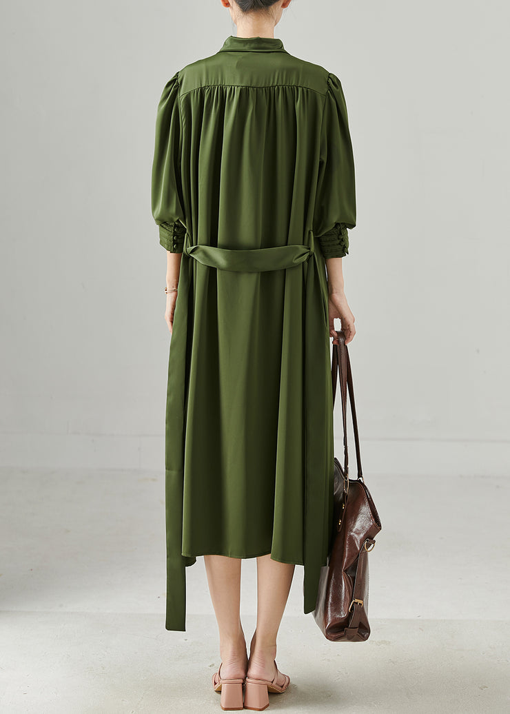 Modern Army Green Tie Waist Chiffon Dress Fall