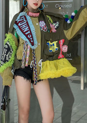 Modern Army Green Tulle Ruffled Sequins Patchwork Denim Jacket Spring