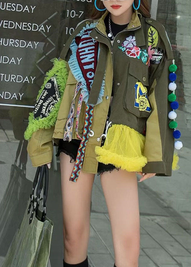 Modern Army Green Tulle Ruffled Sequins Patchwork Denim Jacket Spring