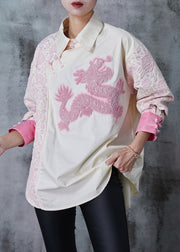 Modern Beige Dragon Jacquard Cotton Oriental Blouse Tops Fall