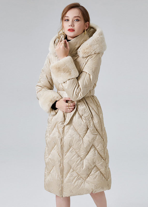 Modern Beige Hooded Rabbit Hair Collar Duck Down Down Coats Winter