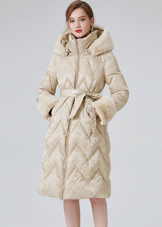 Modern Beige Hooded Rabbit Hair Collar Duck Down Down Coats Winter