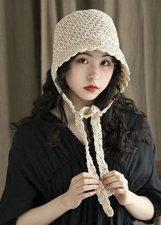 Modern Beige Lace Up Straw Woven Bucket Hat