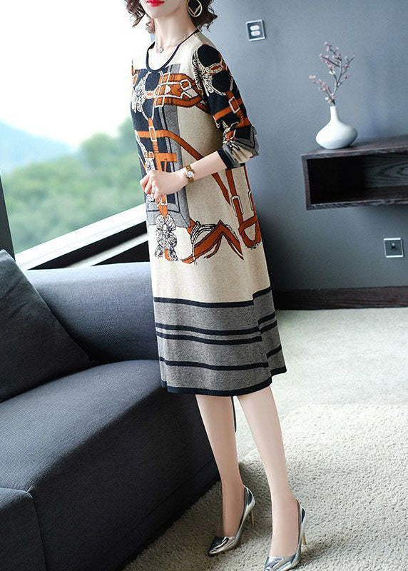 Modern Beige O-Neck Print Knit Sweater Dress Long Sleeve