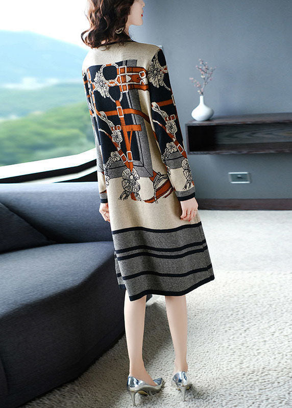 Modern Beige O-Neck Print Knit Sweater Dress Long Sleeve