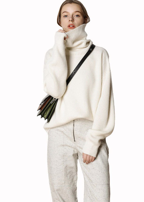 Modern Beige Turtle Neck Oversized Warm Wool Sweater Tops Winter