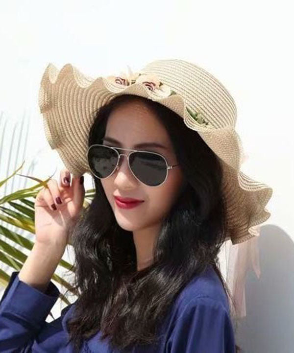 Modern Beige Wave Brim Applique Knit Beach Floppy Sun Hat