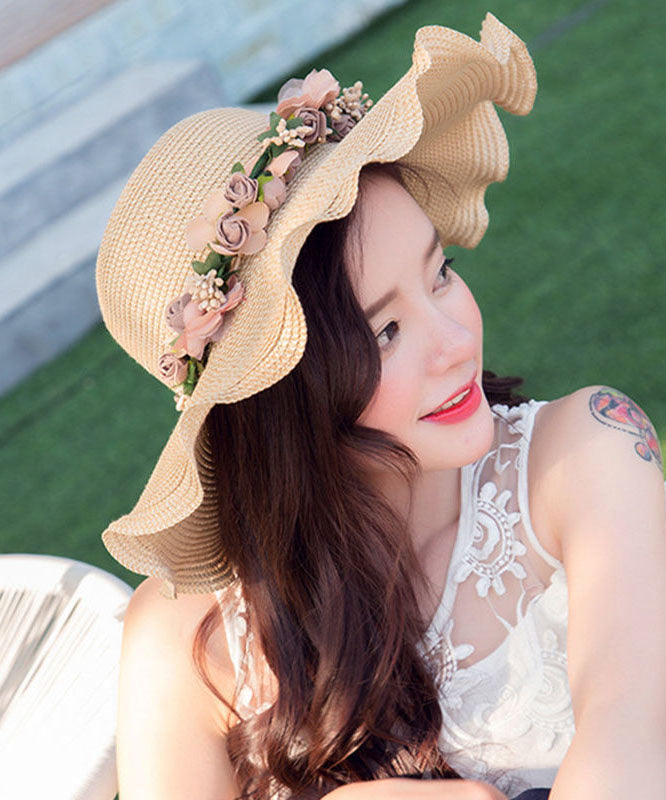 Modern Beige Wave Brim Applique Knit Beach Floppy Sun Hat