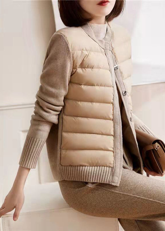 Modern Beige White Colour O-Neck Patchwork Knit Parka Long Sleeve