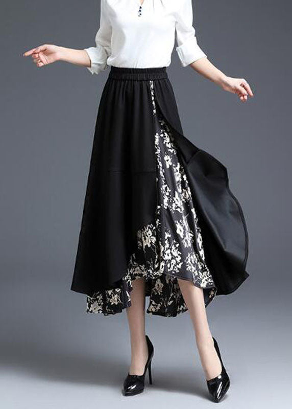 Modern Black Asymmetrical Design Patchwork Ruffled Chiffon Skirt Spring