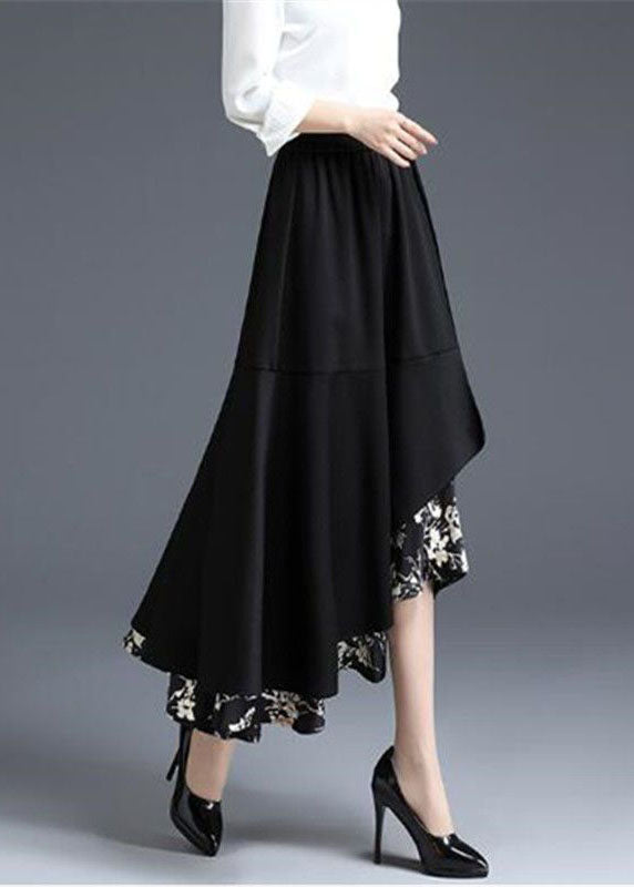 Modern Black Asymmetrical Design Patchwork Ruffled Chiffon Skirt Spring