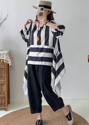 Modern Black Asymmetrical Oversized Striped Tops Summer