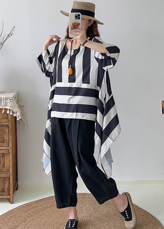 Modern Black Asymmetrical Oversized Striped Tops Summer