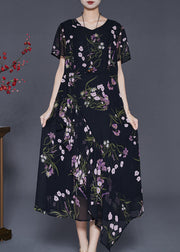 Modern Black Asymmetrical Print Chiffon Holiday Dress Summer