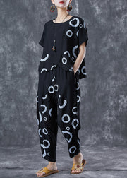 Modern Black Asymmetrical Print Linen Silk Two Pieces Set Summer