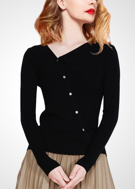 Modern Black Asymmetrical Slim Fit Wool Knit Top Winter