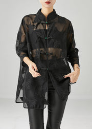 Modern Black Chinese Button Appliqued Chiffon Tops Fall