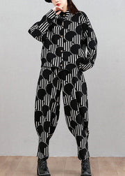 Modern Black Dot Print Top And Beam Pants Two Pieces Set Long Sleeve