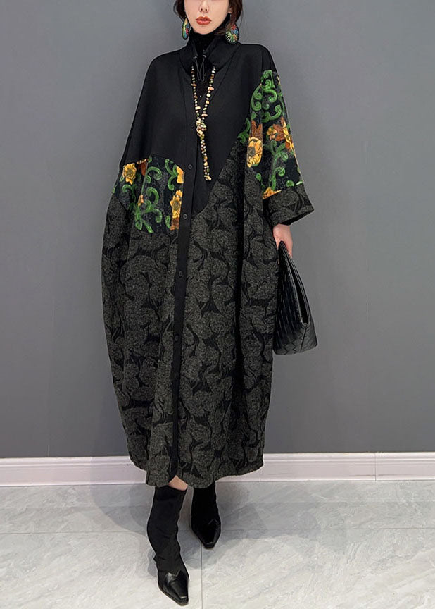 Modern Black Drawstring Oversized Patchwork Print Coats Spring