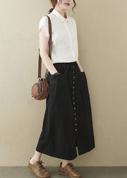 Modern Black Elastic Waist Pockets Cotton Skirts Summer