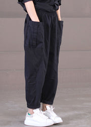 Modern Black Elastic Waist Pockets Patchwork Cotton Harem Pants Summer