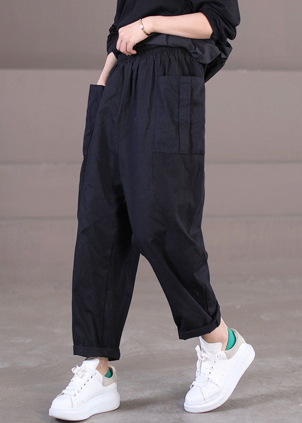 Modern Black Elastic Waist Pockets Patchwork Cotton Harem Pants Summer