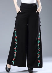 Modern Black Embroideried Floral Elastic Waist Wide Leg Pants Fall