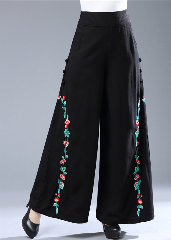 Modern Black Embroideried Floral Elastic Waist Wide Leg Pants Fall