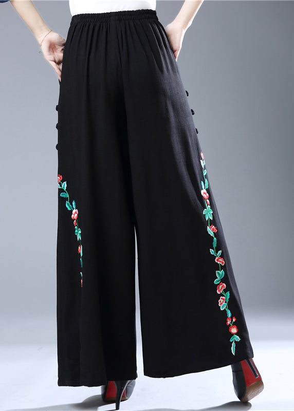 Modern Black Embroideried Floral Elastic Waist Wide Leg Pants Fall