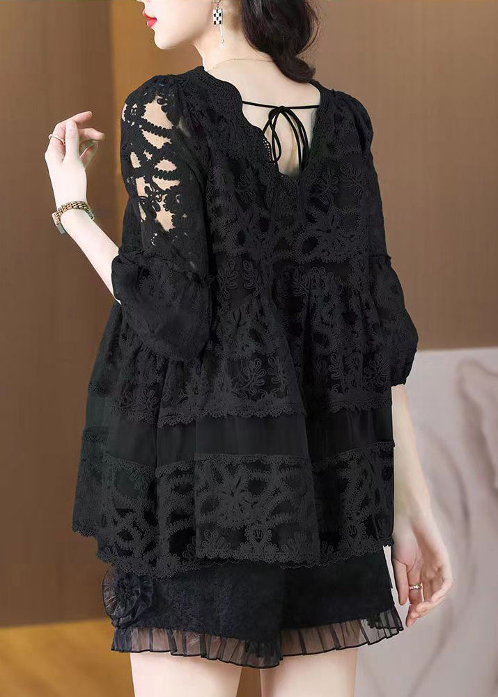 Modern Black Embroideried Patchwork Tulle A Line Tops Bracelet Sleeve