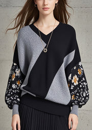 Modern Black Grey Patchwork Print Knitted Tops Fall