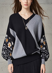 Modern Black Grey Patchwork Print Knitted Tops Fall