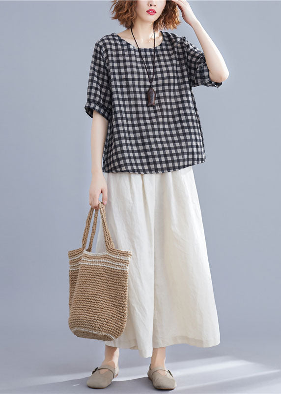 Modern Black Grey Plaid O Neck Linen Top Short Sleeve